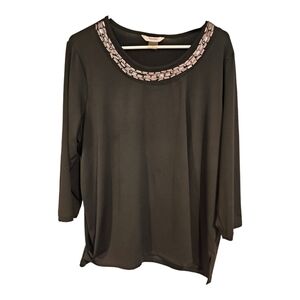 Tanjay womens plus black knit 3/4 sleeve embellished scoop neck sz 1X
